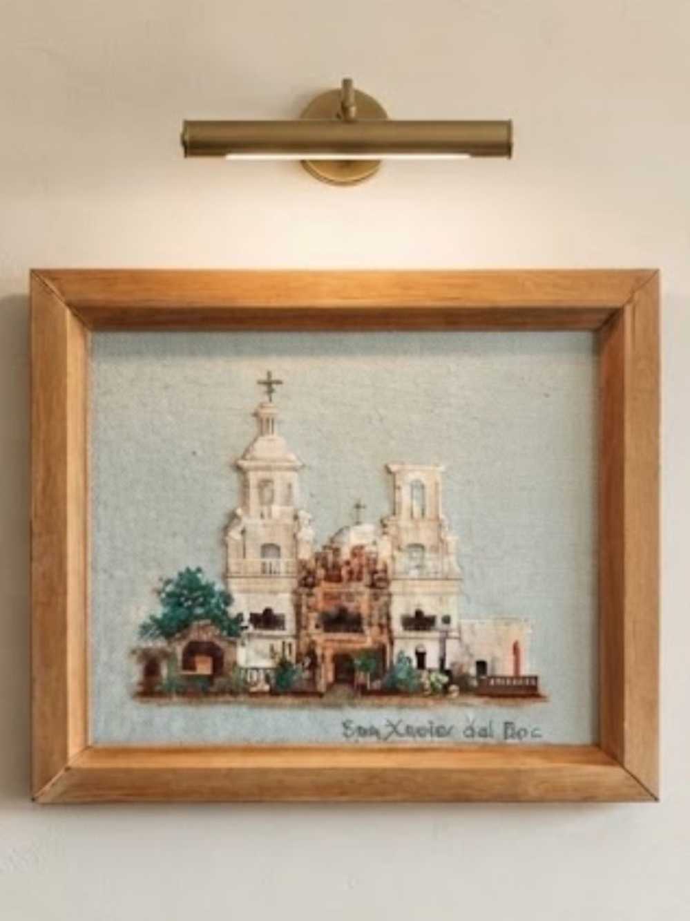 Vintage Framed Cross-Stitch San Xavier del Bac Mission Arizona Wall Art